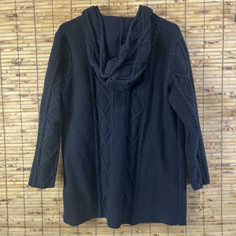 Chico's Cardigan Women 2 M Black Hooded Cable Knit Diamond Button Front Longline